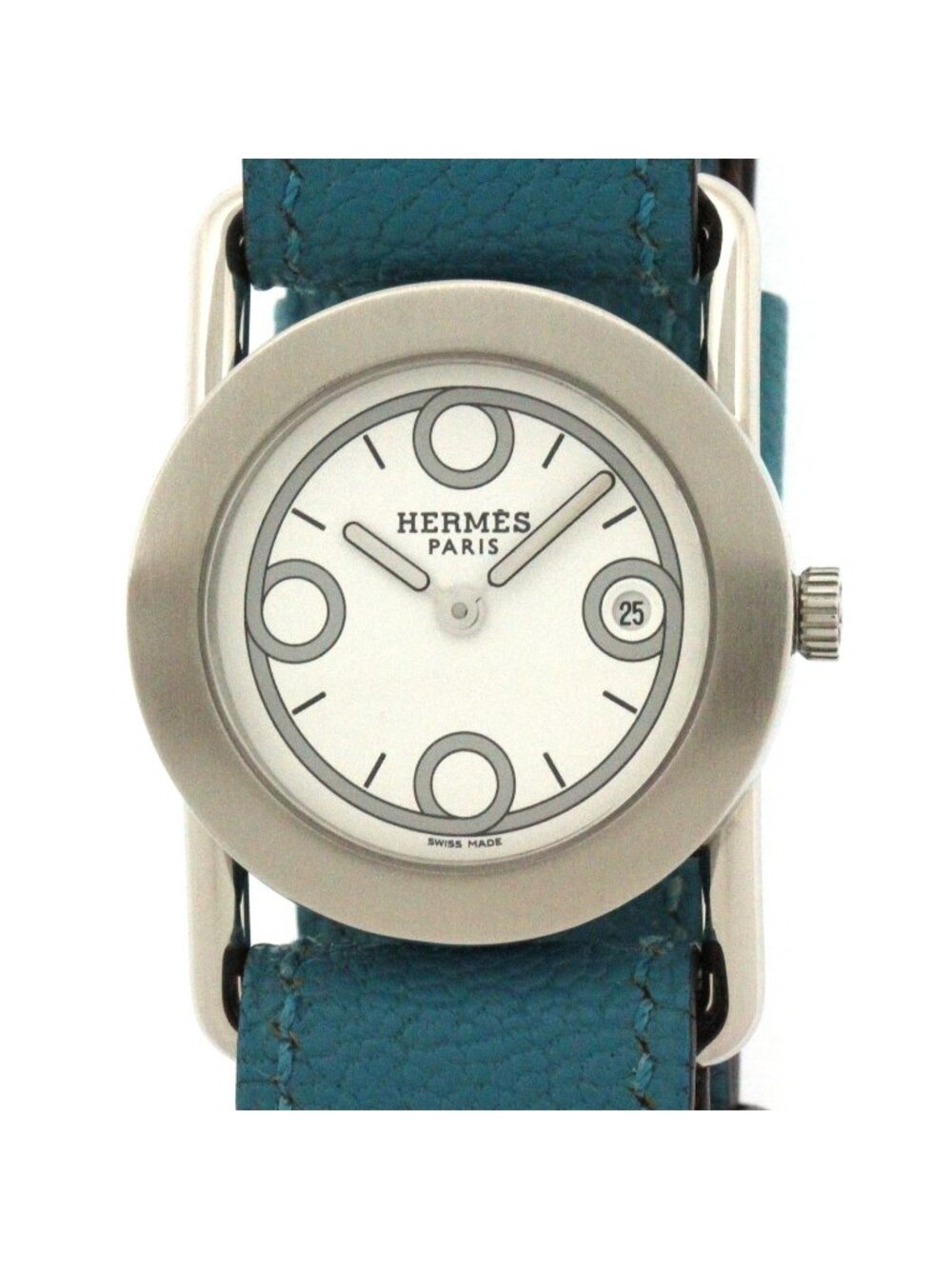 Hermes Barenia Ronde Watch Stainless Steel Chevre White Dial Quartz